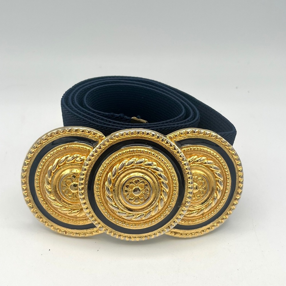Nan Lewis Vintage Navy Blue Elastic Belt Large Gold Tone Ornate Medallion Buckle